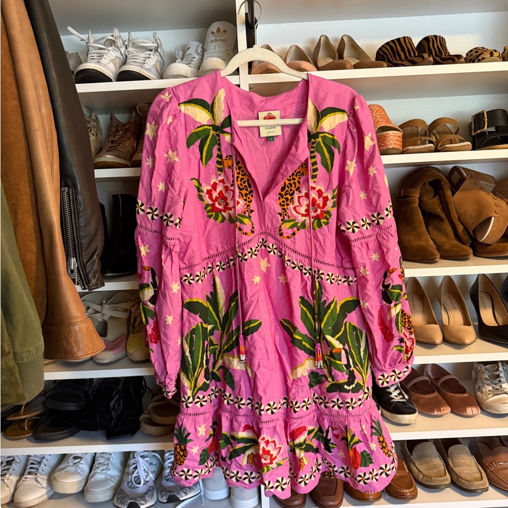 Farm Rio Pink Leopard Forest Mini Dress L | Bold Tropical Print